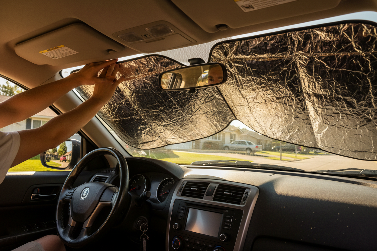 Person Using Car Windshield Sun Blocker - Option 2